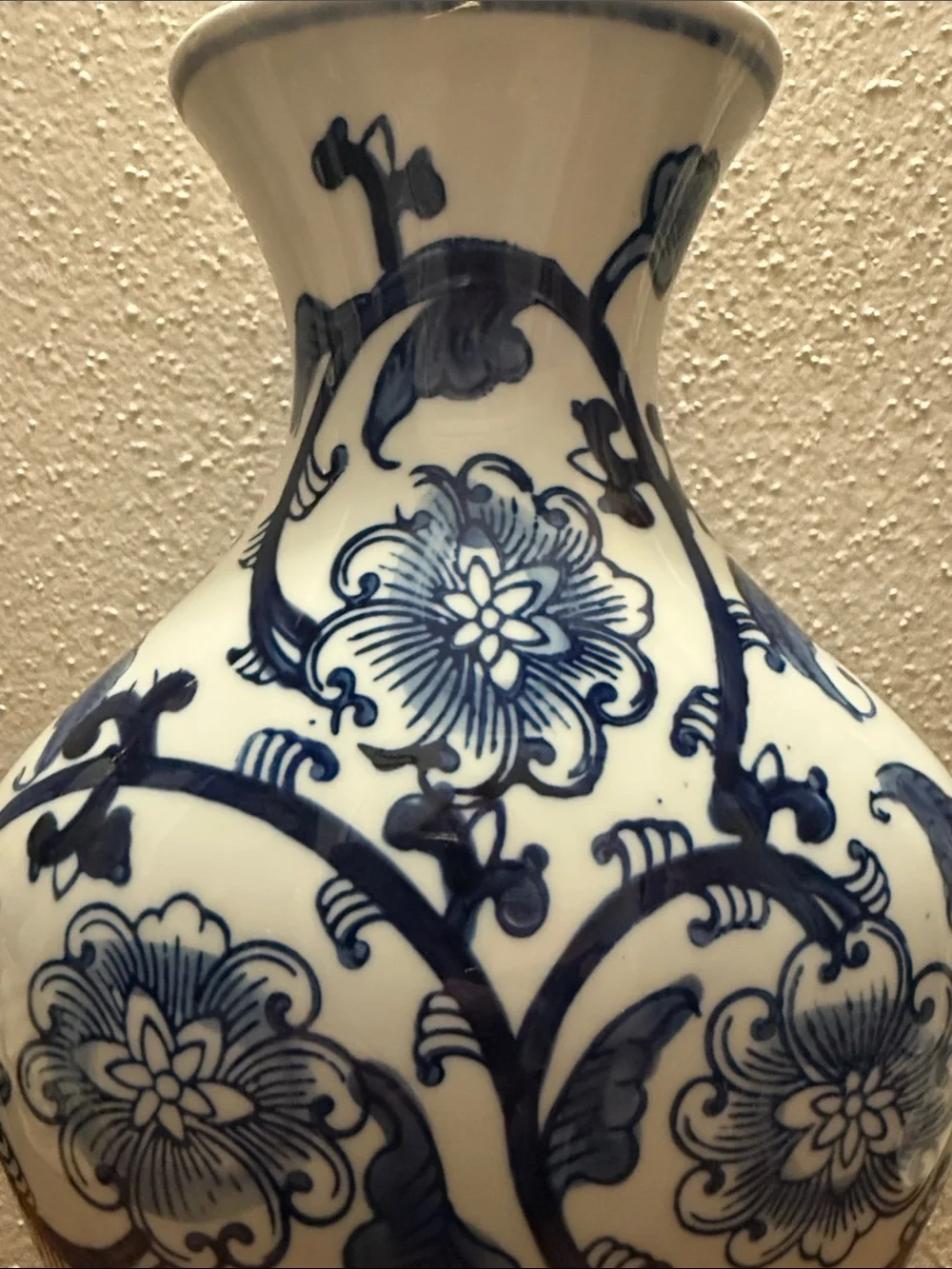 Blue and White Floral Ceramic Vase Approx 11”